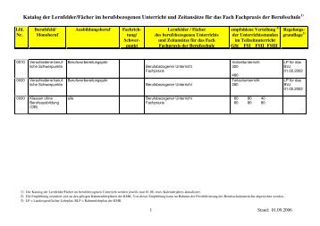 1) Der Katalog der Lernfelder/Fächer im berufsbezogenen Unterricht