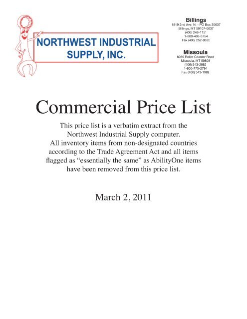 Commercial Price List - Northwest Industrial Supply, Inc.