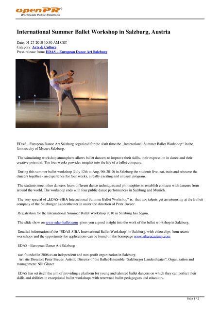 International Summer Ballet Workshop in Salzburg, Austria