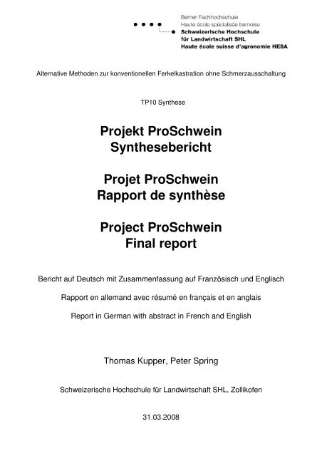 Projekt ProSchwein Synthesebericht Projet ProSchwein Rapport de ...