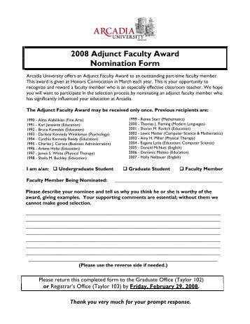 2008 Adjunct Faculty Award Nomination Form - Arcadia University