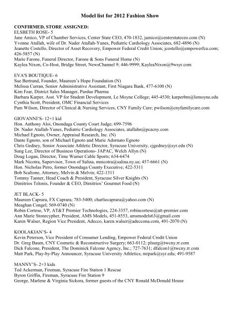 Model List For 2012 Fashion Show Ronald Mcdonald House
