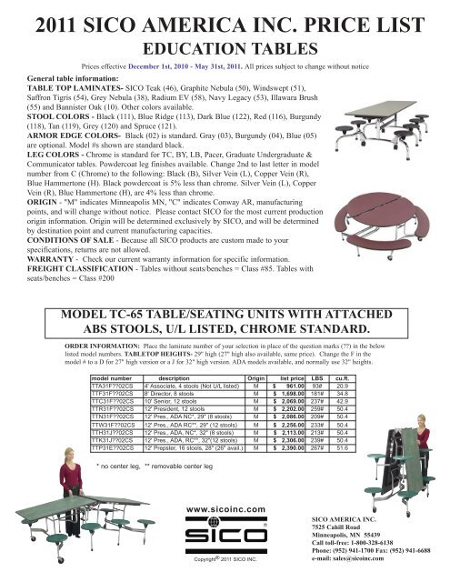 2011 SICO AMERICA INC. PRICE LIST