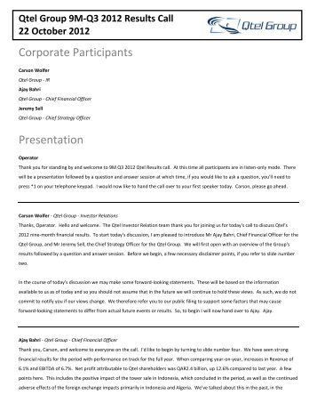 Qtel Group 9M-Q3 2012 Results Call 22 October 2012