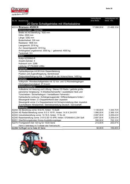 Branson Preisliste downloaden - Sievershofer Traktoren