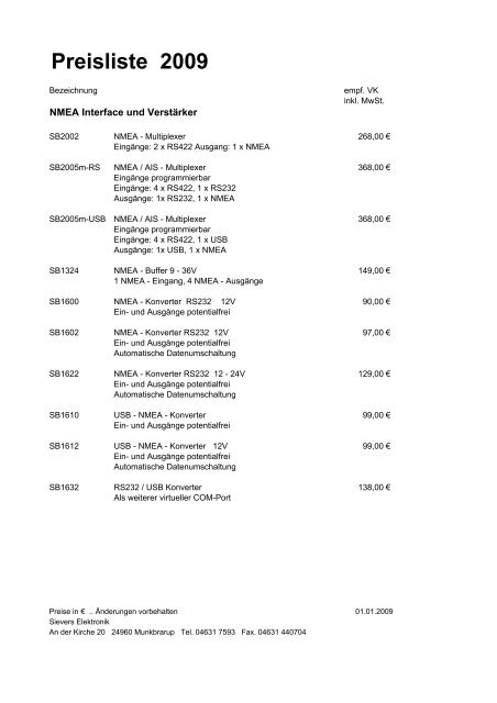 Preisliste 2009 - Sievers Elektronik