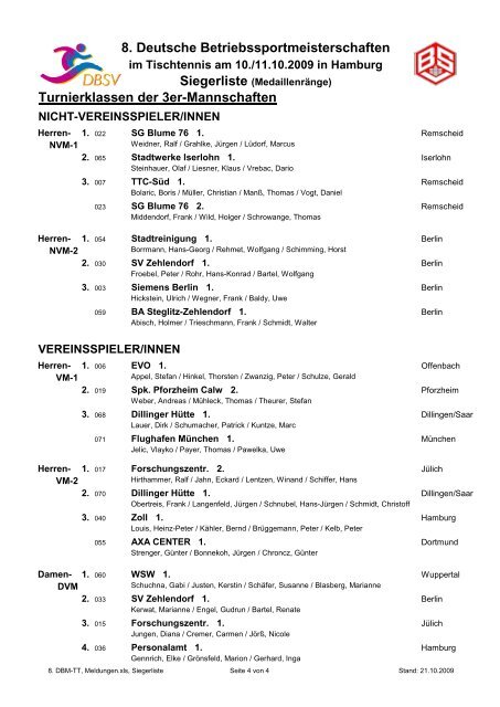 8. Deutsche Betriebssportmeisterschaften - BSV Hamburg Tischtennis