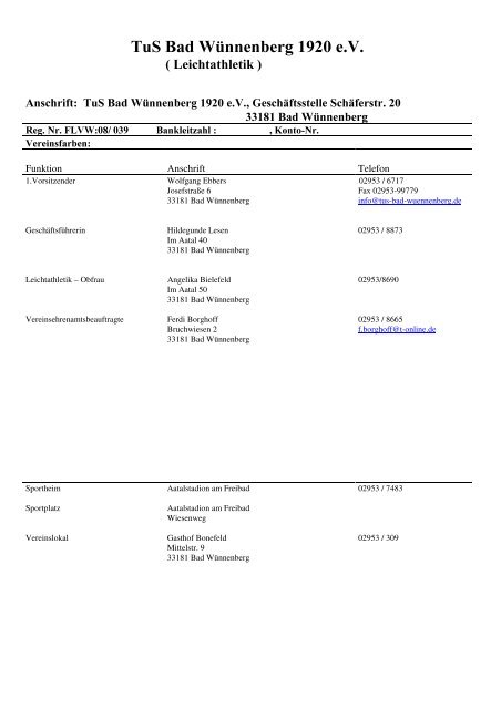 Anschriftenverzeichnis - TuS 1919 Wewelsburg eV - TuS-Wewelsburg