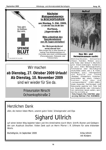 Ab Dienstag, 10. November 2009 - Gemeinde Bischofsgrün