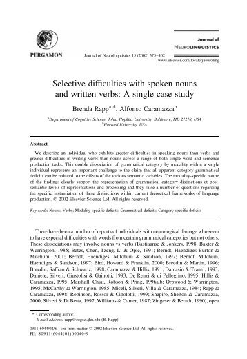 Selective difficulties with spoken nouns and written verbs: A single ...