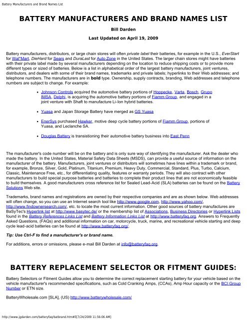 Battery Manufacturers and Brand Names List
