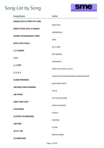 Song List by Song - Spellbound Music Entertainment