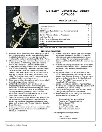 MILITARY UNIFORM MAIL ORDER CATALOG - MCCS Camp Lejeune