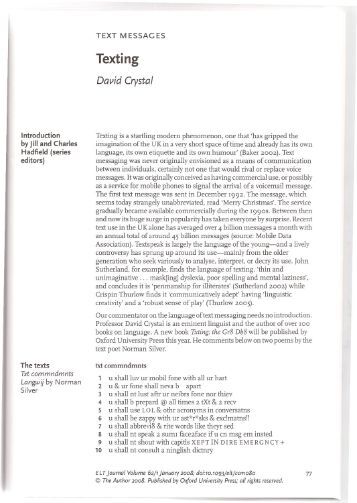 Synthesis Essay Ideas David Crystal Texting Essay Living A Healthy Lifestyle Essay also Compare Contrast Essay Papers Text Messaging B Or Not B By David Crystal Essay Children Spell English Argument Essay Topics