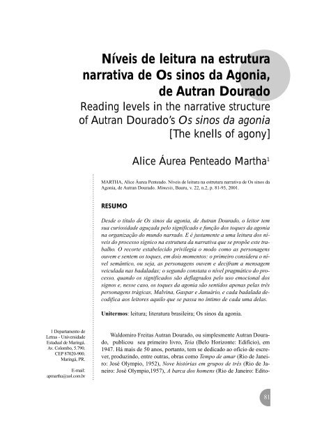 Níveis de leitura na estrutura narrativa de Os sinos da Agonia ... - USC