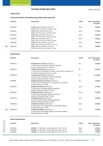 Preisliste Endkunden 2012