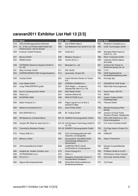 caravan2011 Exhibitor List Hall 13