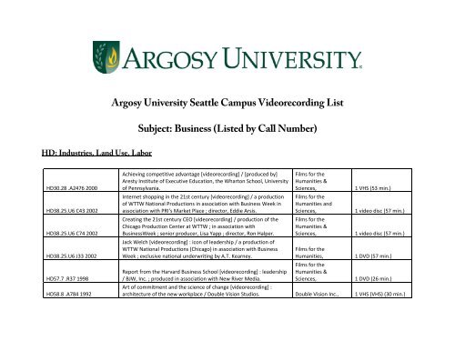Argosy University Seattle Campus Videorecording List Subject ...