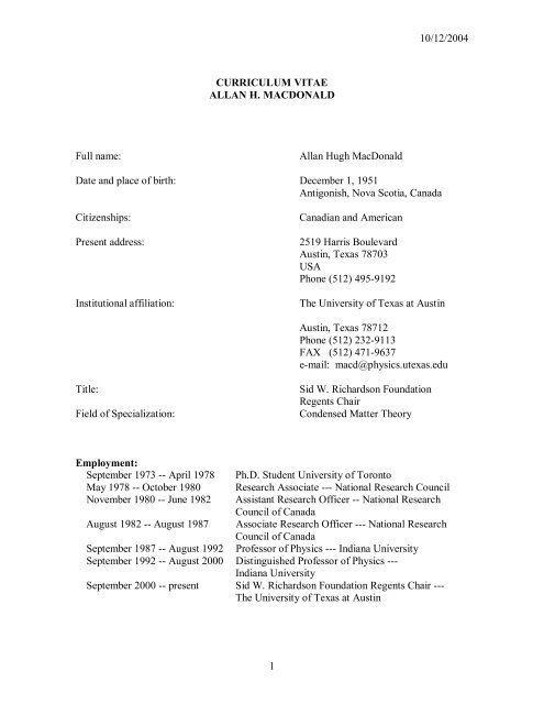 curriculum vitae allan h. macdonald - Department of Physics - The ...