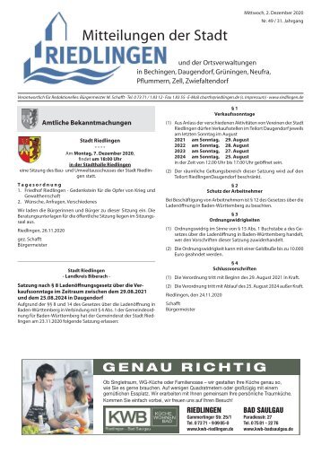 Amtliches Mitteilungsblatt Riedlingen 02.12.2020