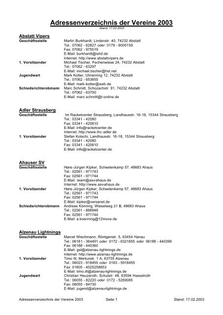 Adressenverzeichnis der Vereine 2003 - ISHD Inline-Skaterhockey ...