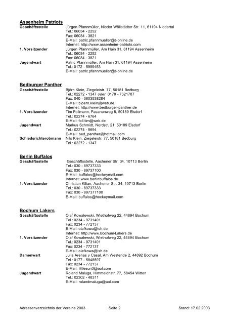 Adressenverzeichnis der Vereine 2003 - ISHD Inline-Skaterhockey ...