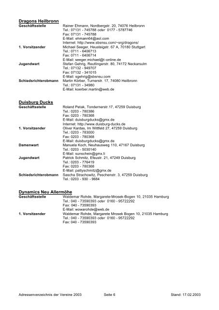 Adressenverzeichnis der Vereine 2003 - ISHD Inline-Skaterhockey ...