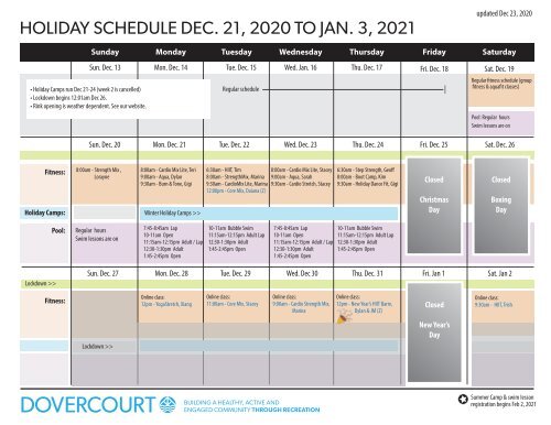 Dovercourt Holiday 2020-2021 centre schedule