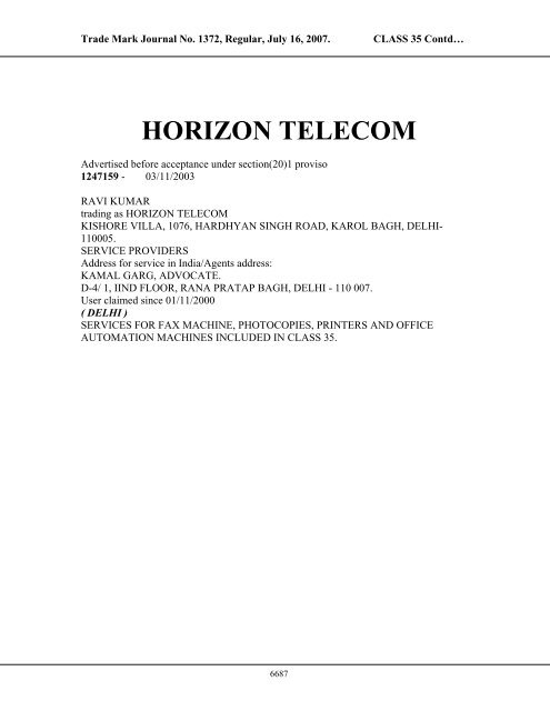 horizon telecom - Controller General of Patents, Designs, and