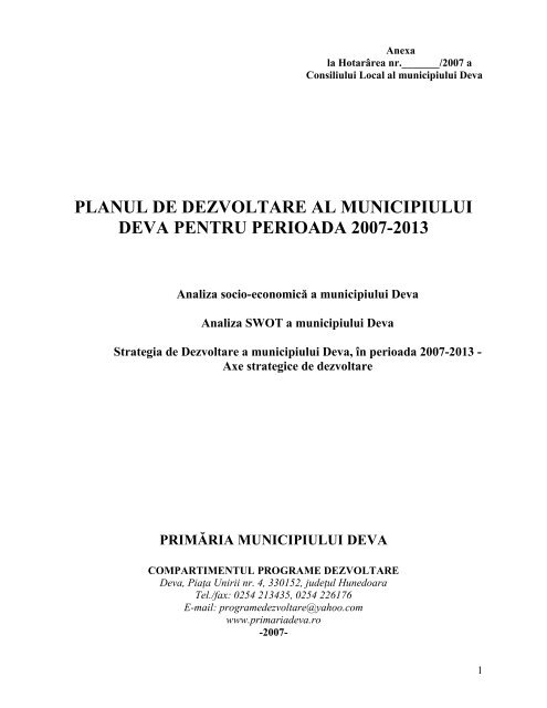 PLANUL DE DEZVOLTARE AL MUNICIPIULUI ... - Primaria Deva