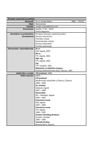 Životopis nastavnika (suradnika) Nastavnik: Dr.sc. Sarajko Baksa ...
