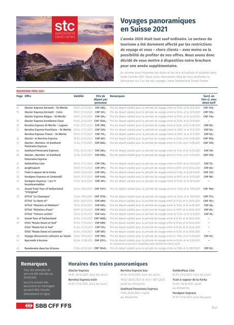 Voyages panoramiques en Suisse 2021 - Liste des prix