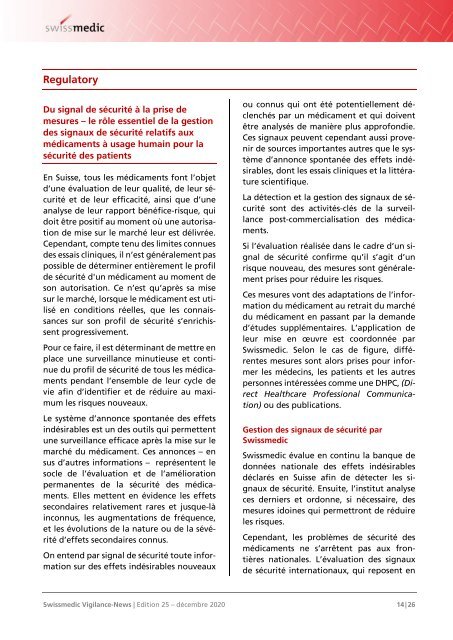 Swissmedic Vigilance-News Edition 25 – Décembre 2020