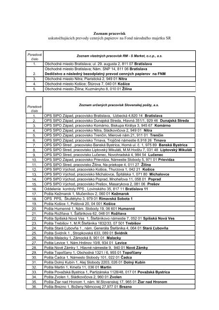 Zoznam pracovísk - RM-S Market, ocp, as