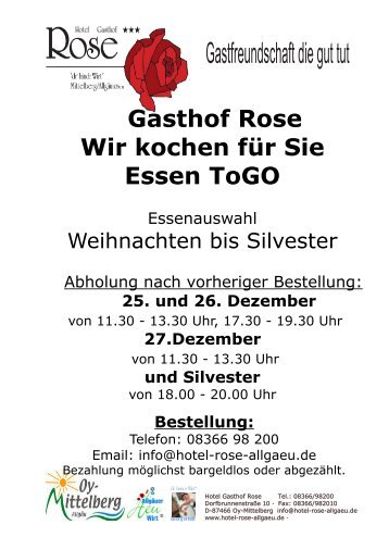 Essen zum Mitnehmen, Weihnachten bis Silvester 2020, bestellen, Wir kochen für sie, Essen "To Go", Essen zum Abholen,  https://www.hotel-rose-allgaeu.de