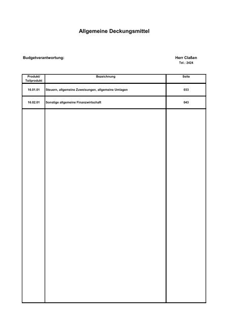 Haushaltsentwurf 2021 (Band II) Allgemeine Deckungsmittel