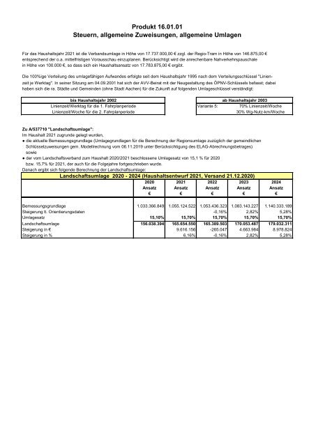 Haushaltsentwurf 2021 (Band II) Allgemeine Deckungsmittel