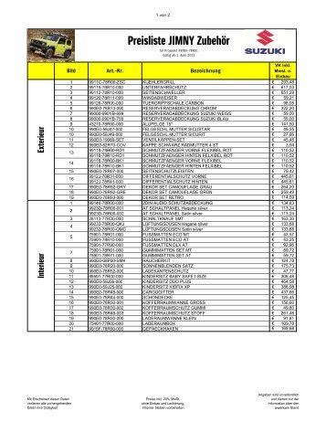JIMNY Zubehör Preisliste April 2023