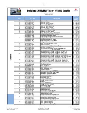 SWIFT HYBRID und SWIFT Sport HYBRID Zubehör Preisliste Juni 2022