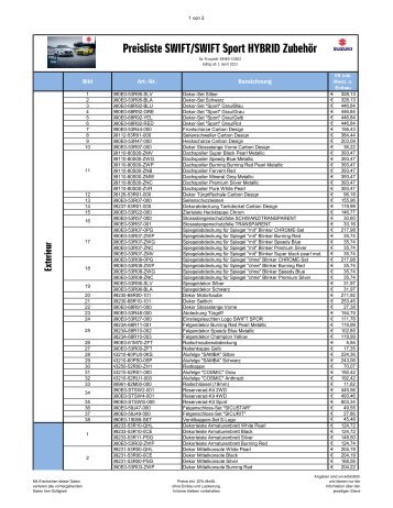 SWIFT HYBRID und SWIFT Sport HYBRID Zubehör Preisliste April 2023