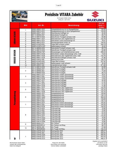 VITARA + VITARA HYBRID Zubehör Preisliste April 2023