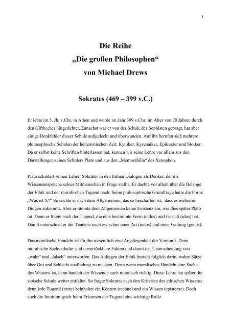 Die Reihe „Die großen Philosophen“ von Michael Drews Sokrates