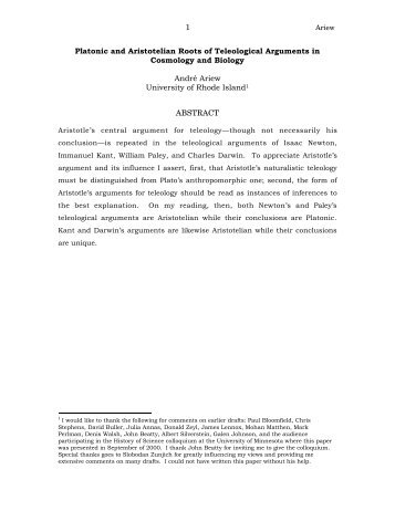 1 Platonic and Aristotelian Roots of Teleological Arguments in ...