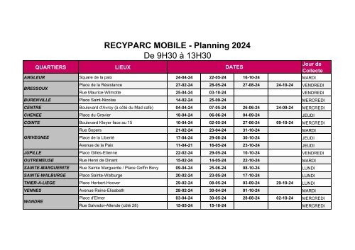 Calendrier des collectes du recyparc mobile