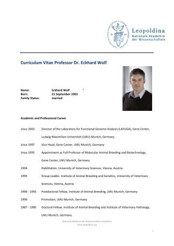 Curriculum Vitae Professor Dr. Eckhard Wolf - Leopoldina