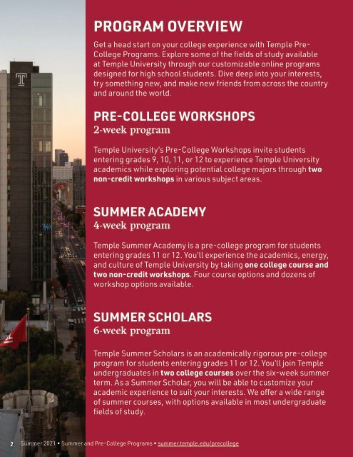 Temple Pre-College Summer 2021 Digital Brochure