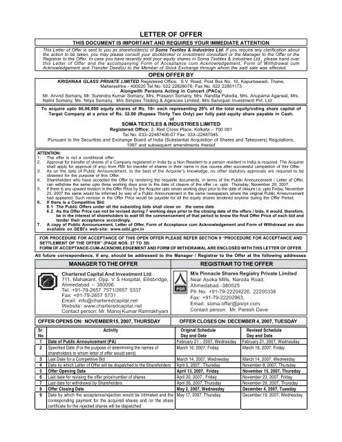 SOMA TEXTILE_Letter of Offer - Securities and Exchange Board of ...