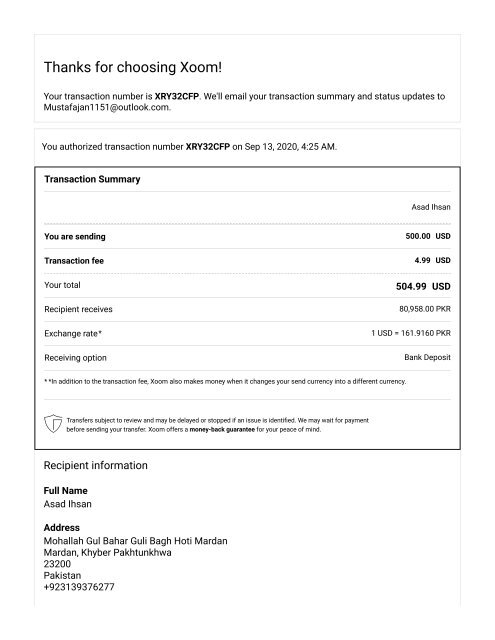 Transfer Receipt Xoom a PayPal Service 1