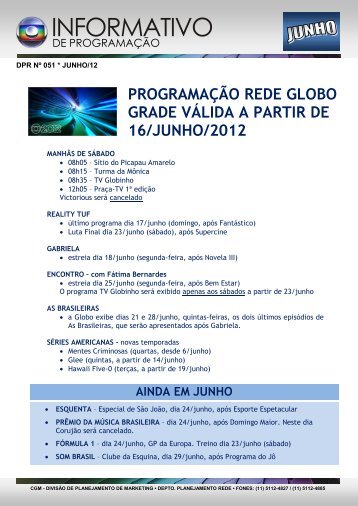 programação rede globo grade válida a partir de 16/junho/2012