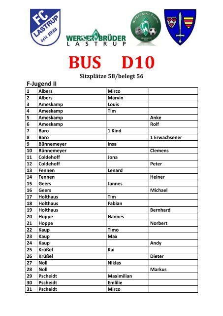 BUS D10 Sitzplätze 58/belegt 56 F-‐Jugend II - FC Lastrup